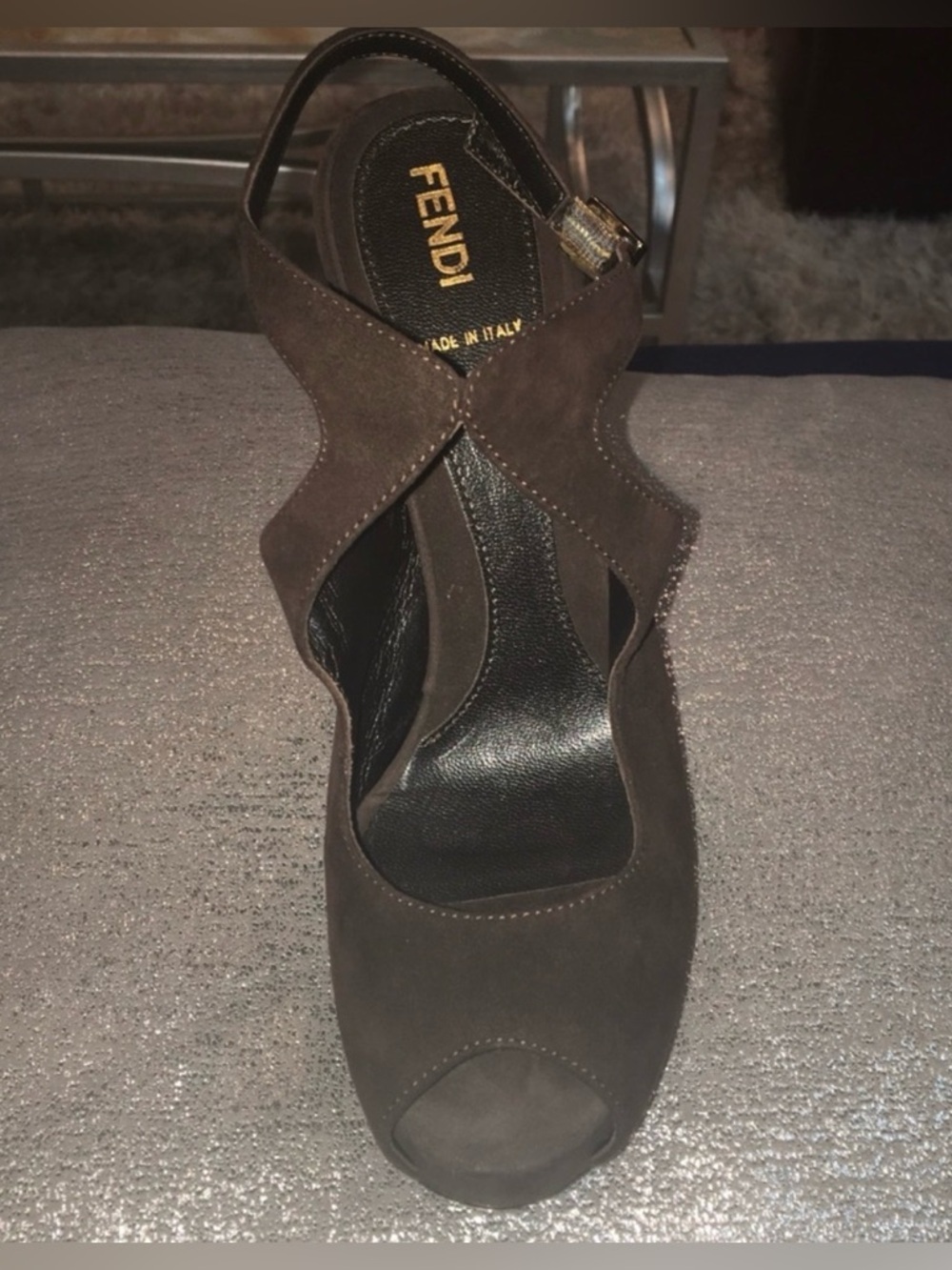 Fendi Chocolate Brown Velvet Peep Toe Slingback Heels Size 37.5 - Picture 6 of 11